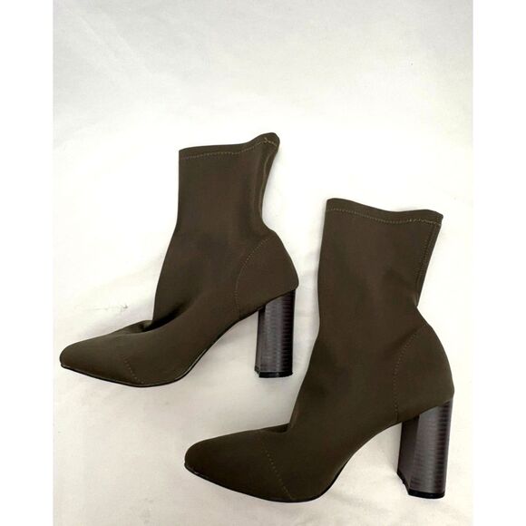 Womens Olive Green Sock Fit Boots Block Mid High Heel Stretchy Lycra 9 Sexy - Picture 1 of 8